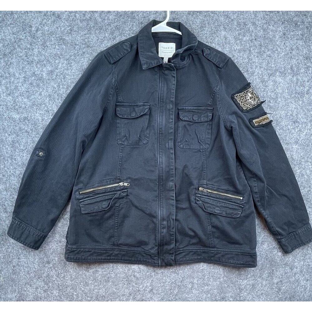 Torrid Jean Jacket Womens 0 Large Black Denim Moto‎ Beaded Fray Biker Punk